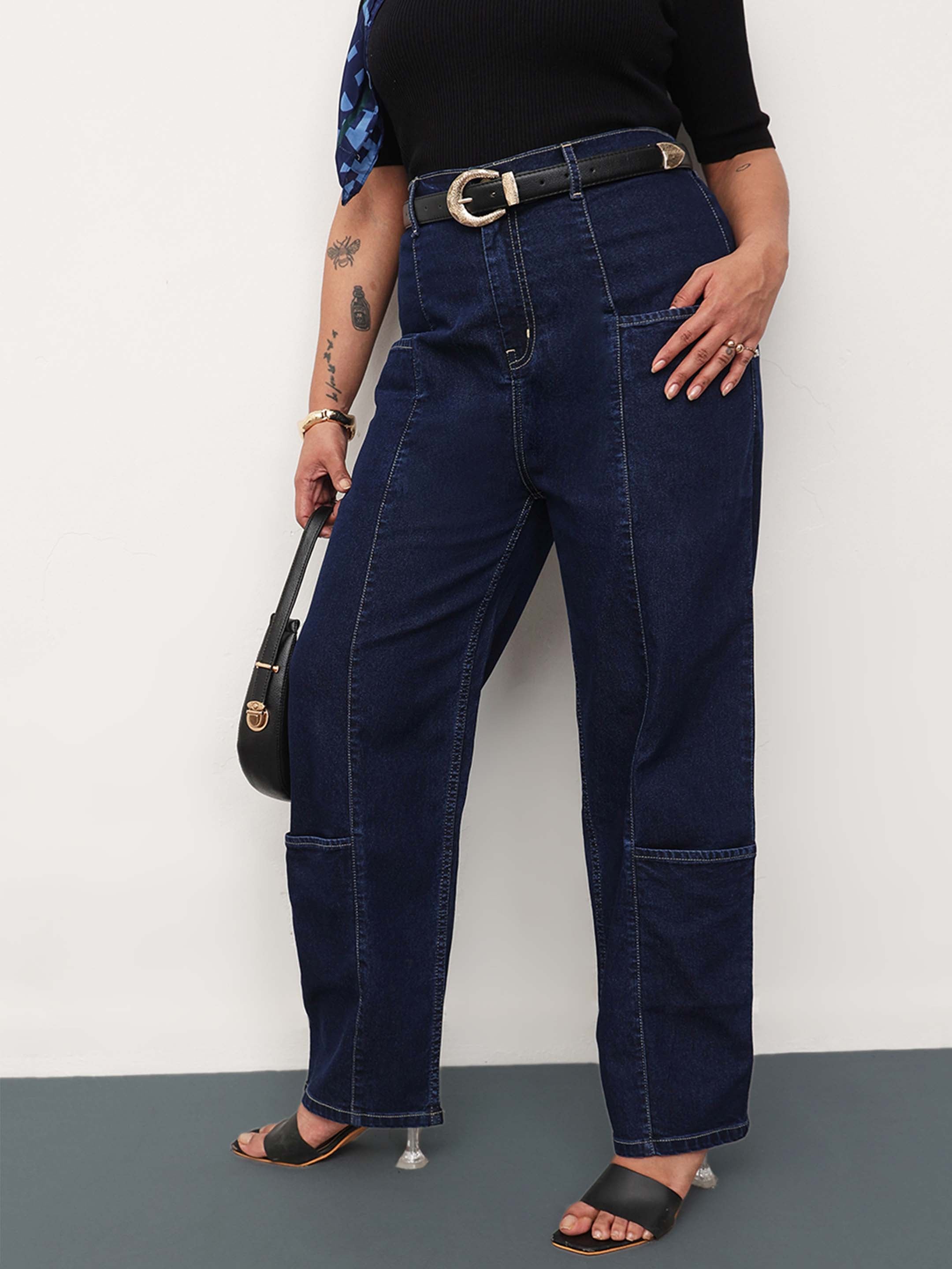 Women Navy Blue Denim Hem Pocket Tapered Fit Jeans