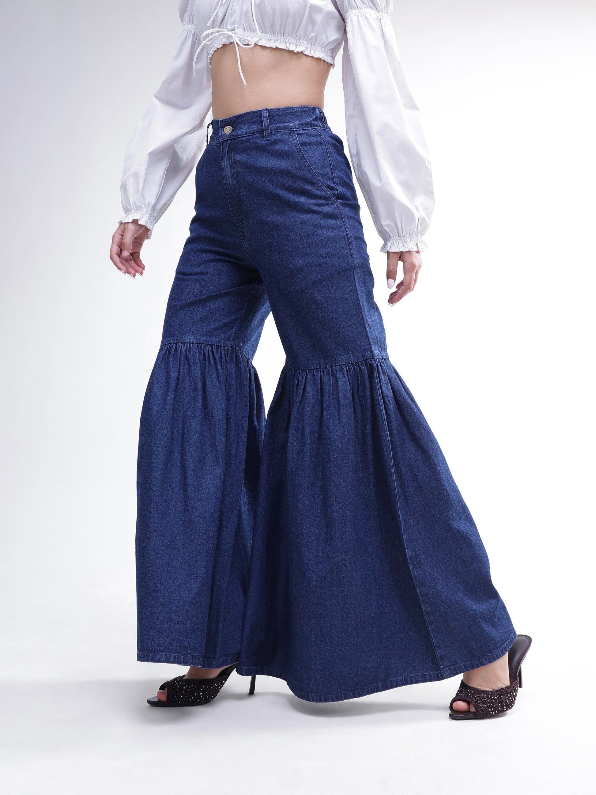 Blue Tencel Gathered High-Rise Jeans-SASSAFRAS