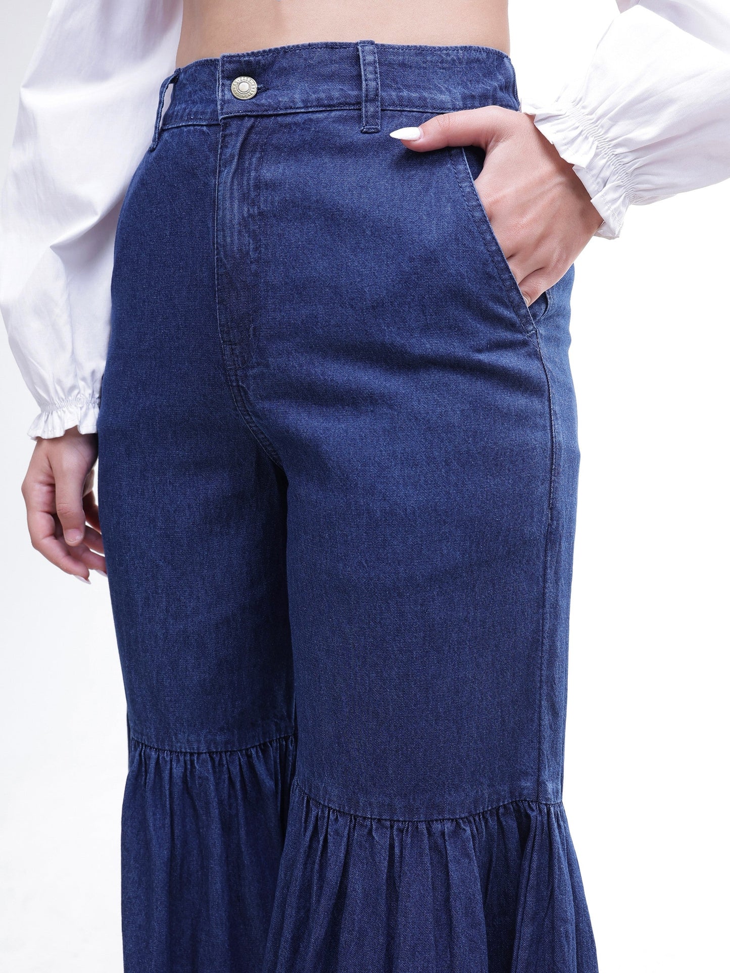 Blue Tencel Gathered High-Rise Jeans-SASSAFRAS