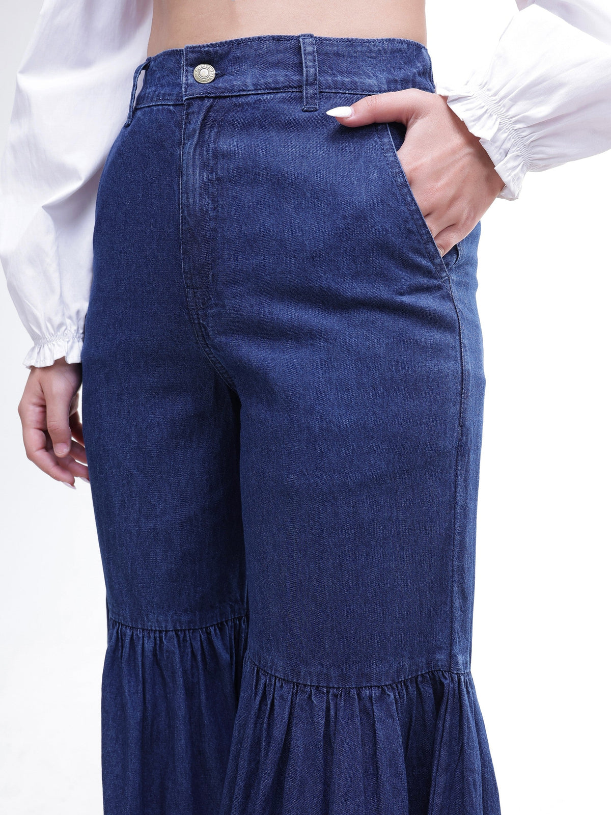 Blue Tencel Gathered High-Rise Jeans-SASSAFRAS