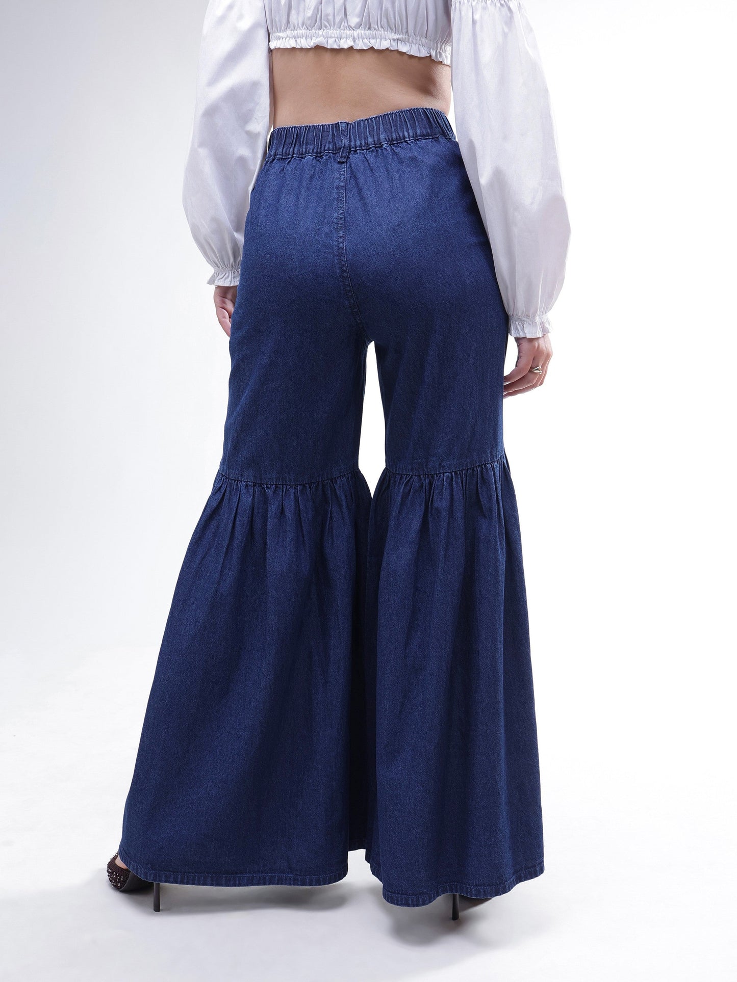 Blue Tencel Gathered High-Rise Jeans-SASSAFRAS
