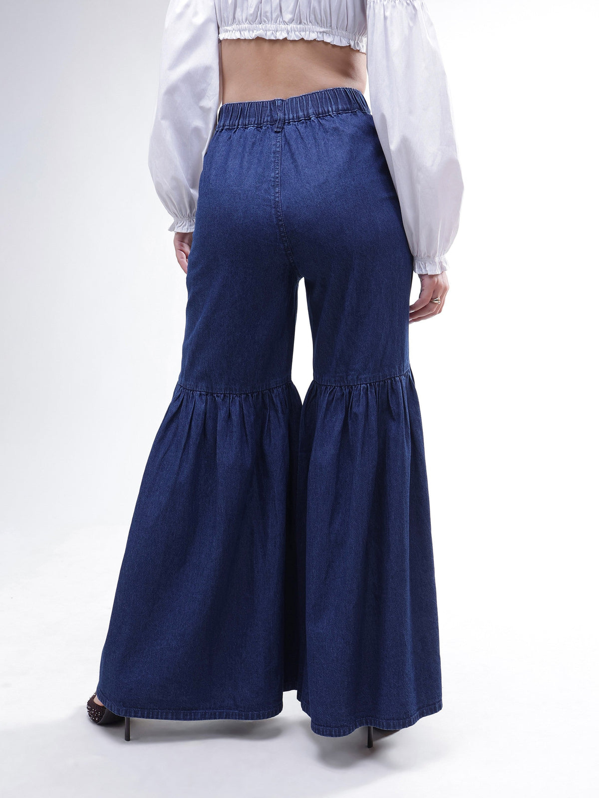 Blue Tencel Gathered High-Rise Jeans-SASSAFRAS