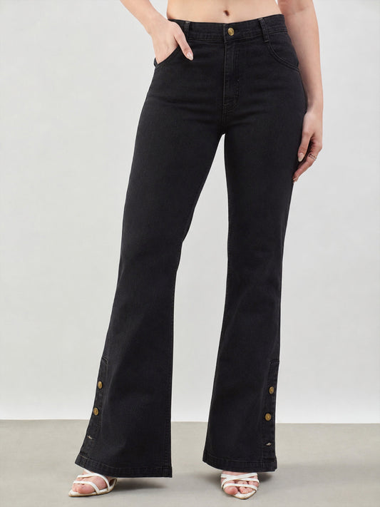 Jet Black Button-at-Hem Boot Cut Jeans-SASSAFRAS BASICS