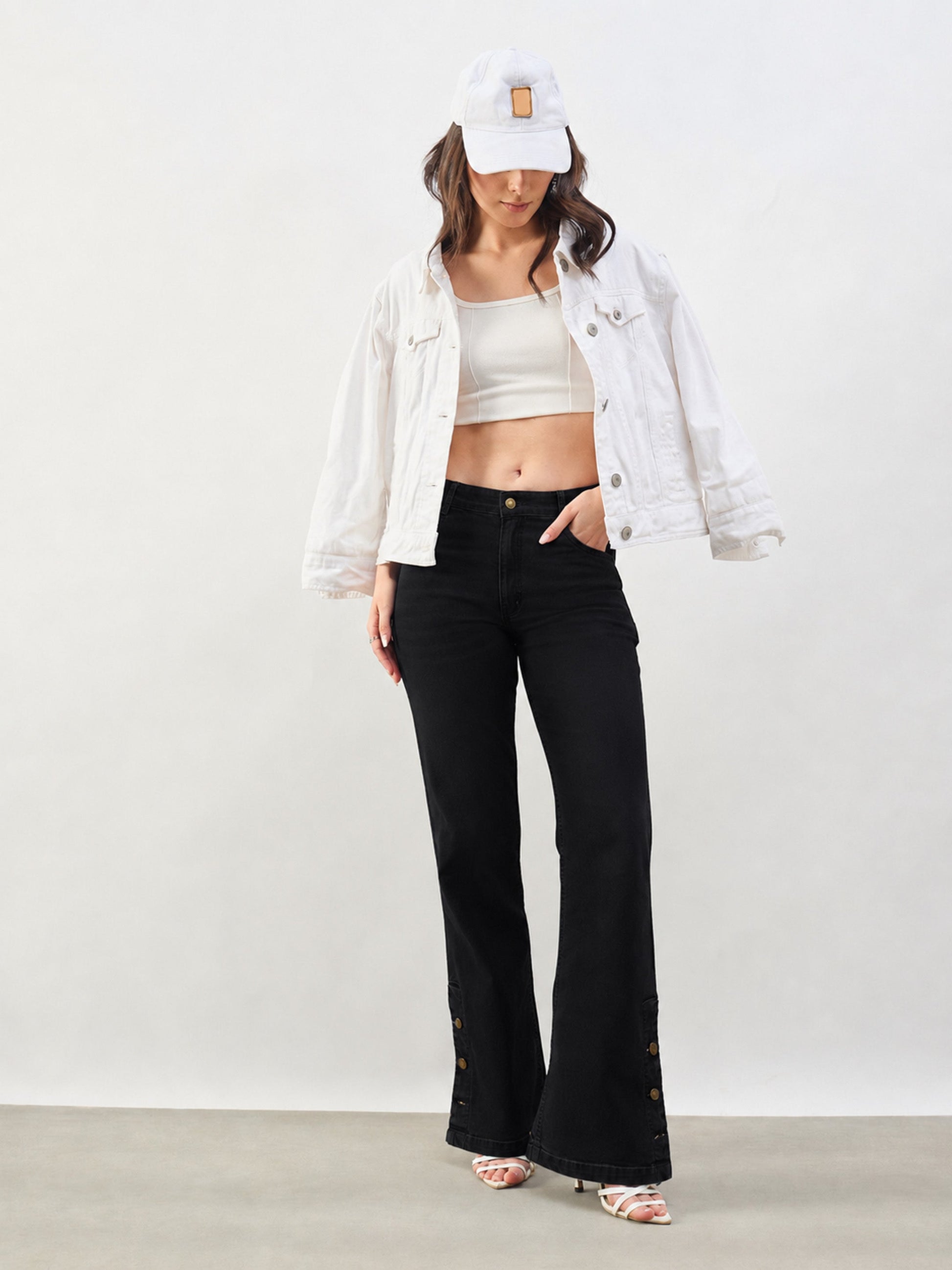 Jet Black Button-at-Hem Boot Cut Jeans-SASSAFRAS BASICS