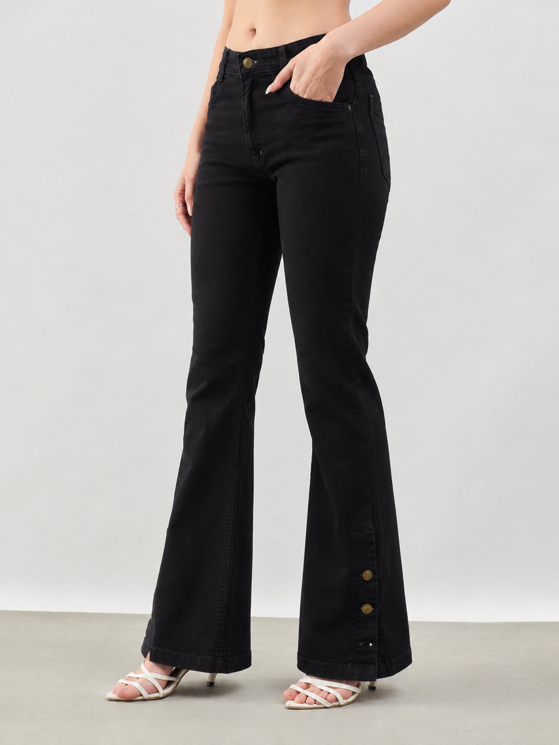 Jet Black Button-at-Hem Boot Cut Jeans-SASSAFRAS BASICS