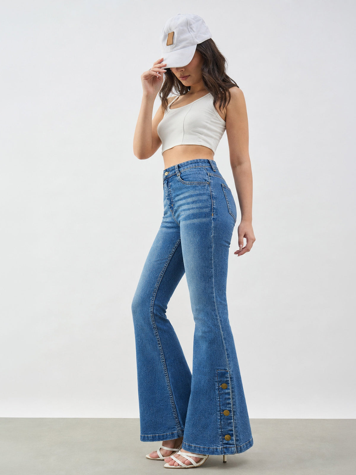 Blue Whisker Button-at-Hem Boot Cut Jeans-SASSAFRAS BASICS