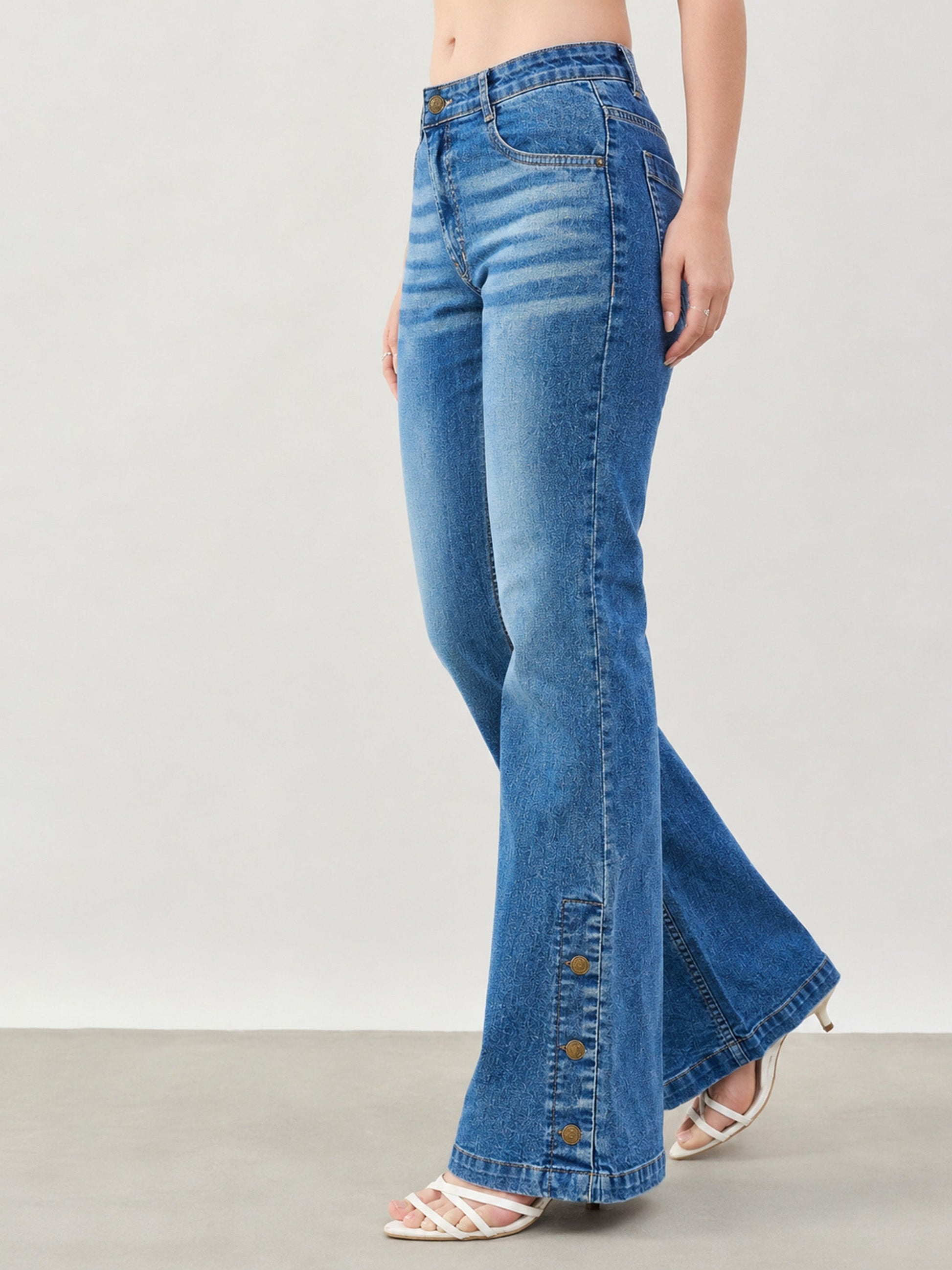 Blue Whisker Button-at-Hem Boot Cut Jeans-SASSAFRAS BASICS