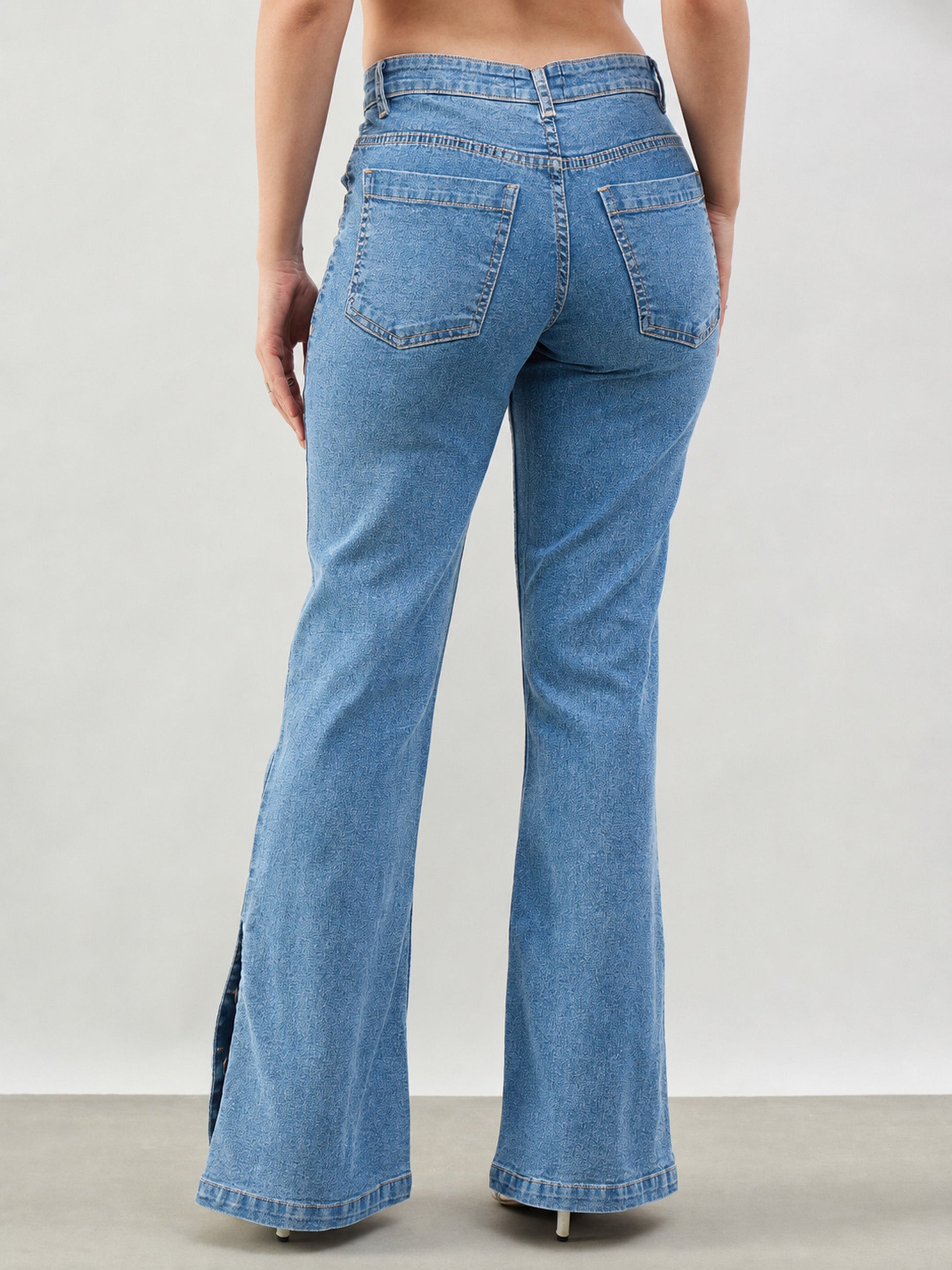 Blue Whisker Button-at-Hem Boot Cut Jeans-SASSAFRAS BASICS