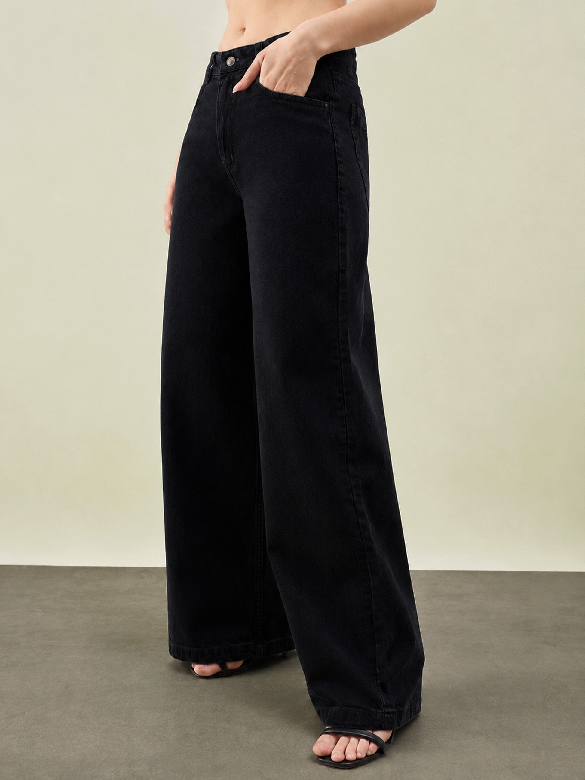 Jet Black Low Waist Wide Leg Jeans -SASSAFRAS BASICS