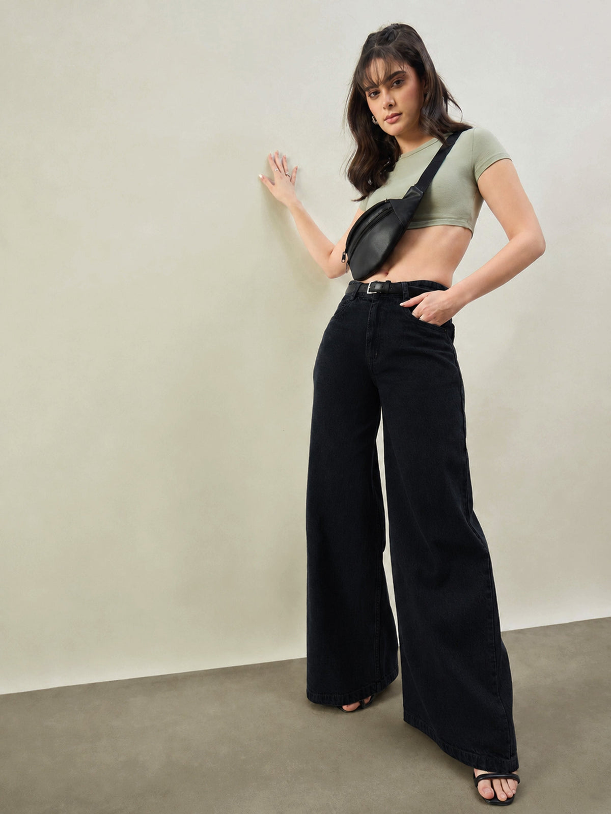Jet Black Low Waist Wide Leg Jeans -SASSAFRAS BASICS