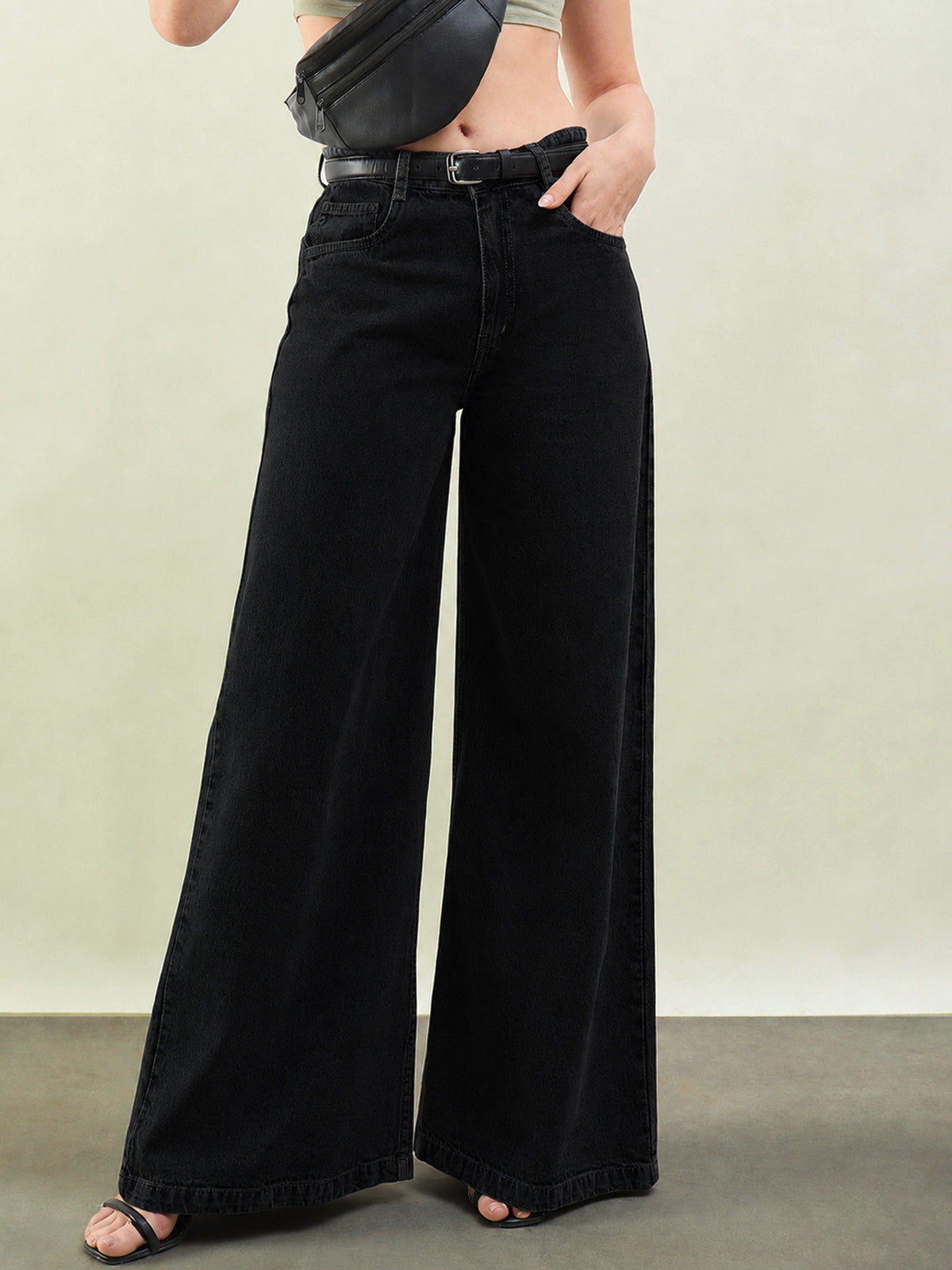 Jet Black Low Waist Wide Leg Jeans -SASSAFRAS BASICS