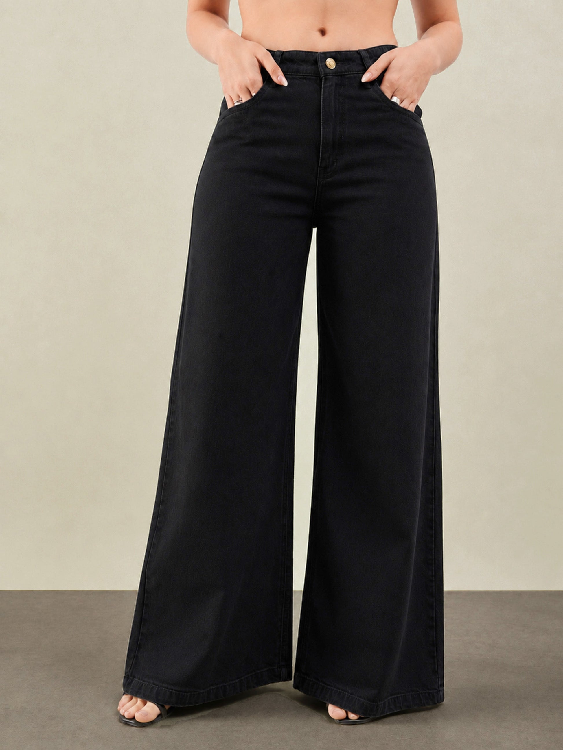 Jet Black Low Waist Wide Leg Jeans -SASSAFRAS BASICS