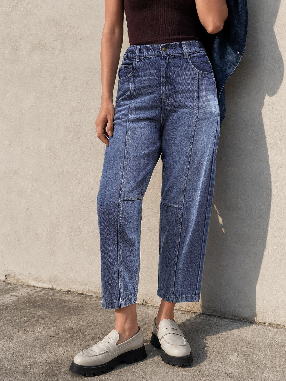 Light Blue Wash Whisker Front Seam Balloon Fit Jeans-SASSAFRAS BASICS