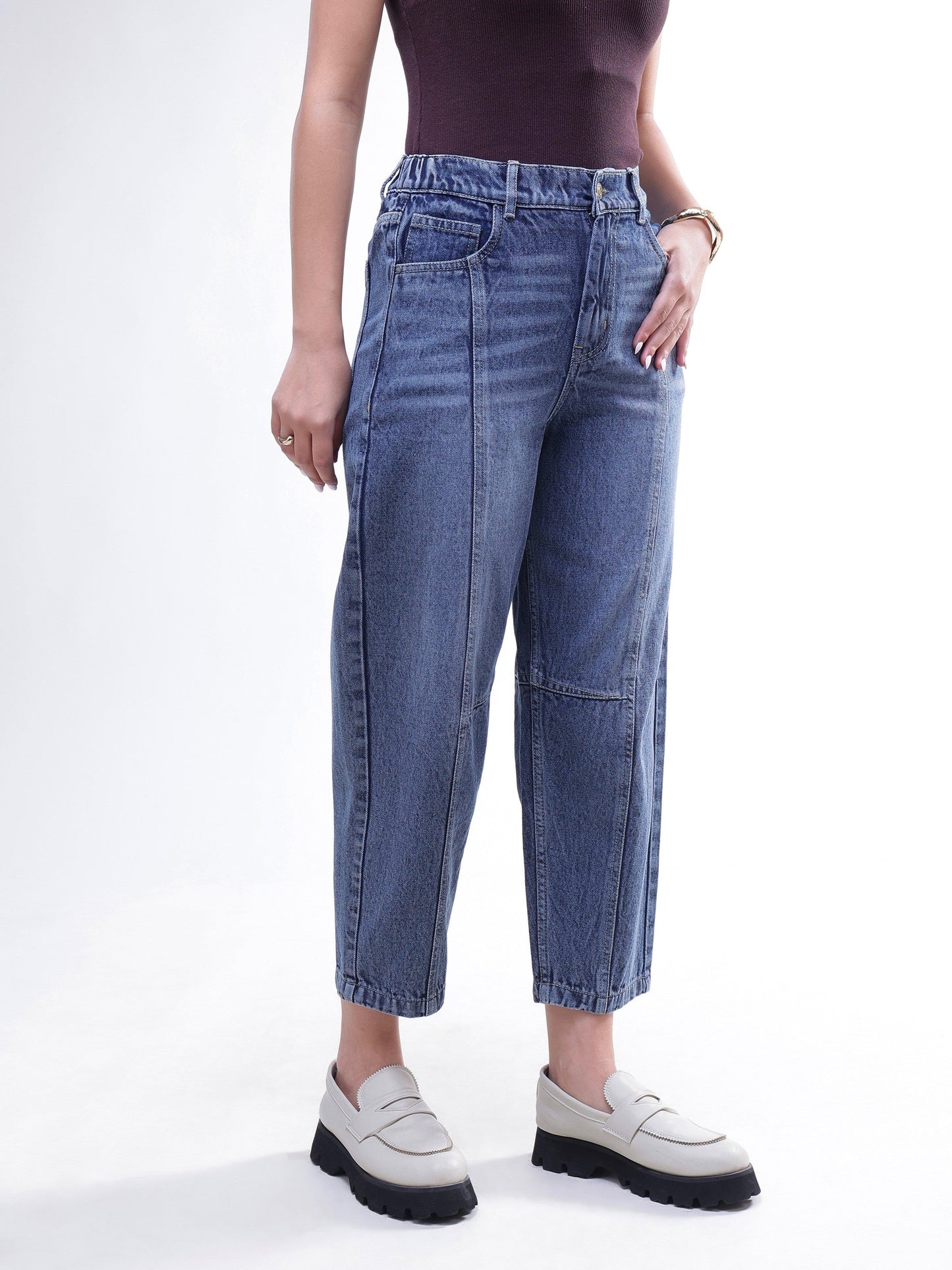 Light Blue Wash Whisker Front Seam Balloon Fit Jeans-SASSAFRAS BASICS