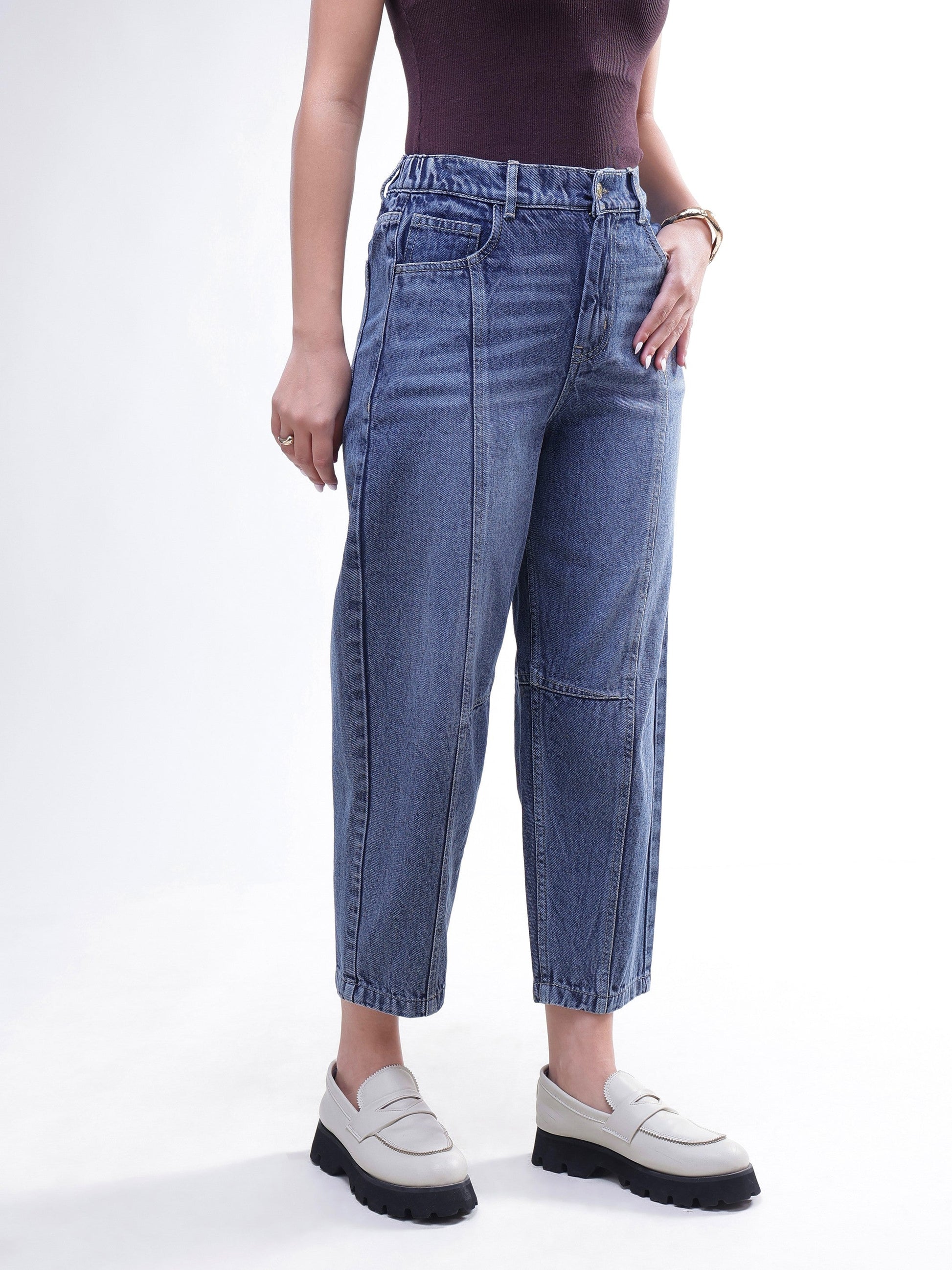 Light Blue Wash Whisker Front Seam Balloon Fit Jeans-SASSAFRAS BASICS