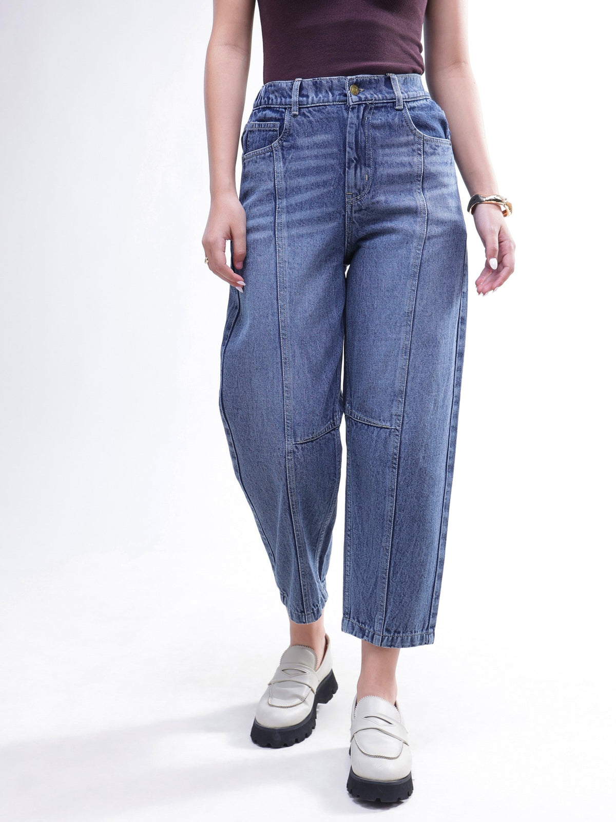 Light Blue Wash Whisker Front Seam Balloon Fit Jeans-SASSAFRAS BASICS