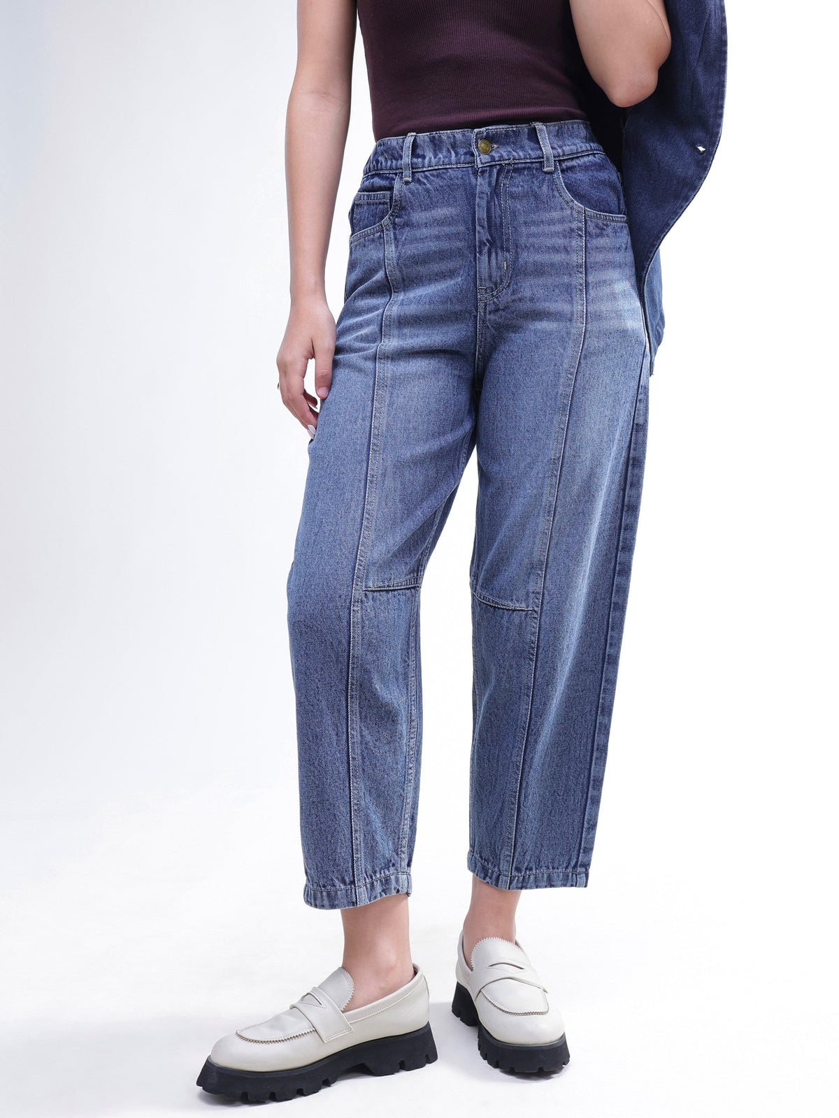 Light Blue Wash Whisker Front Seam Balloon Fit Jeans-SASSAFRAS BASICS