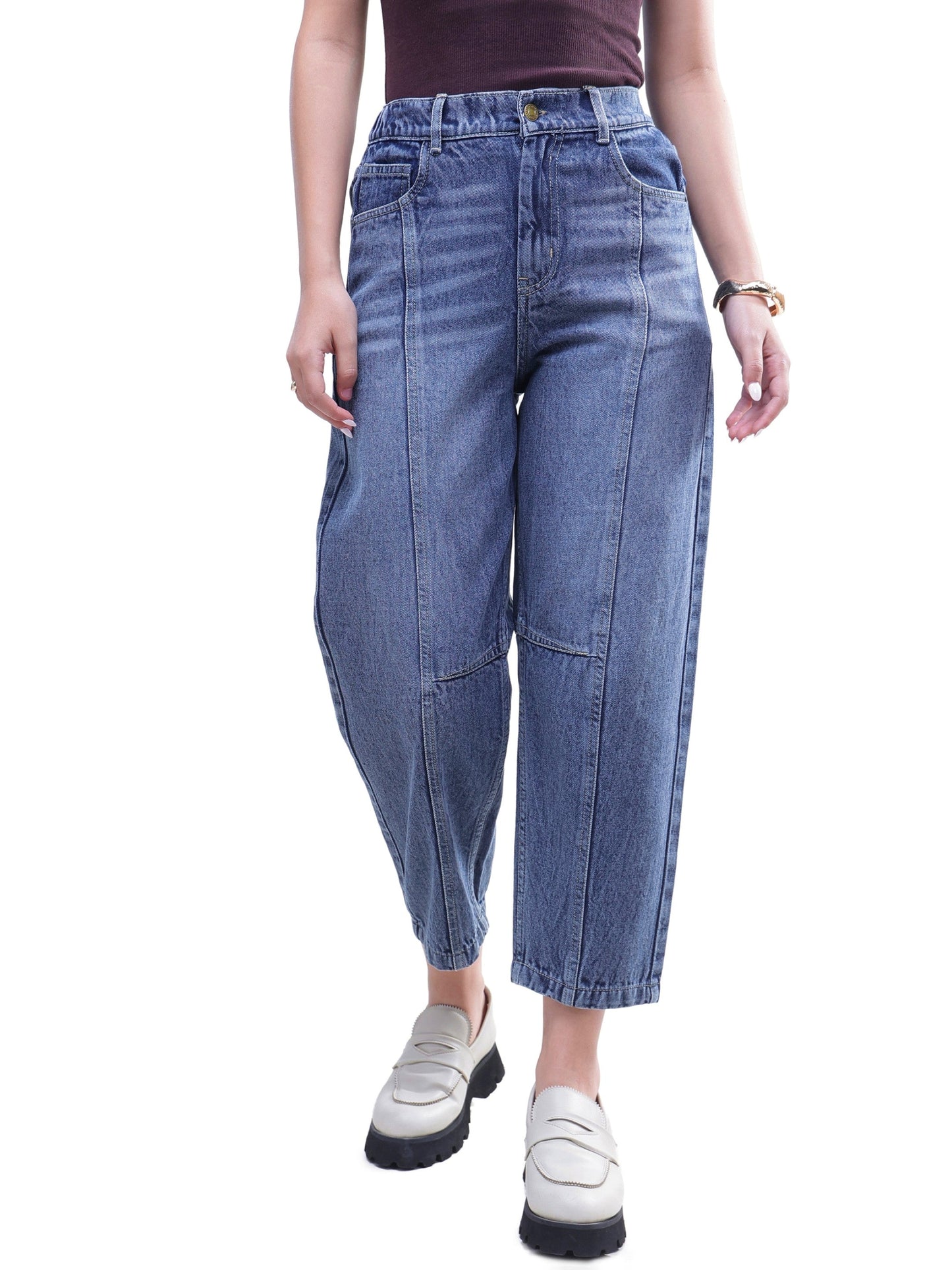 Light Blue Wash Whisker Front Seam Balloon Fit Jeans-SASSAFRAS BASICS