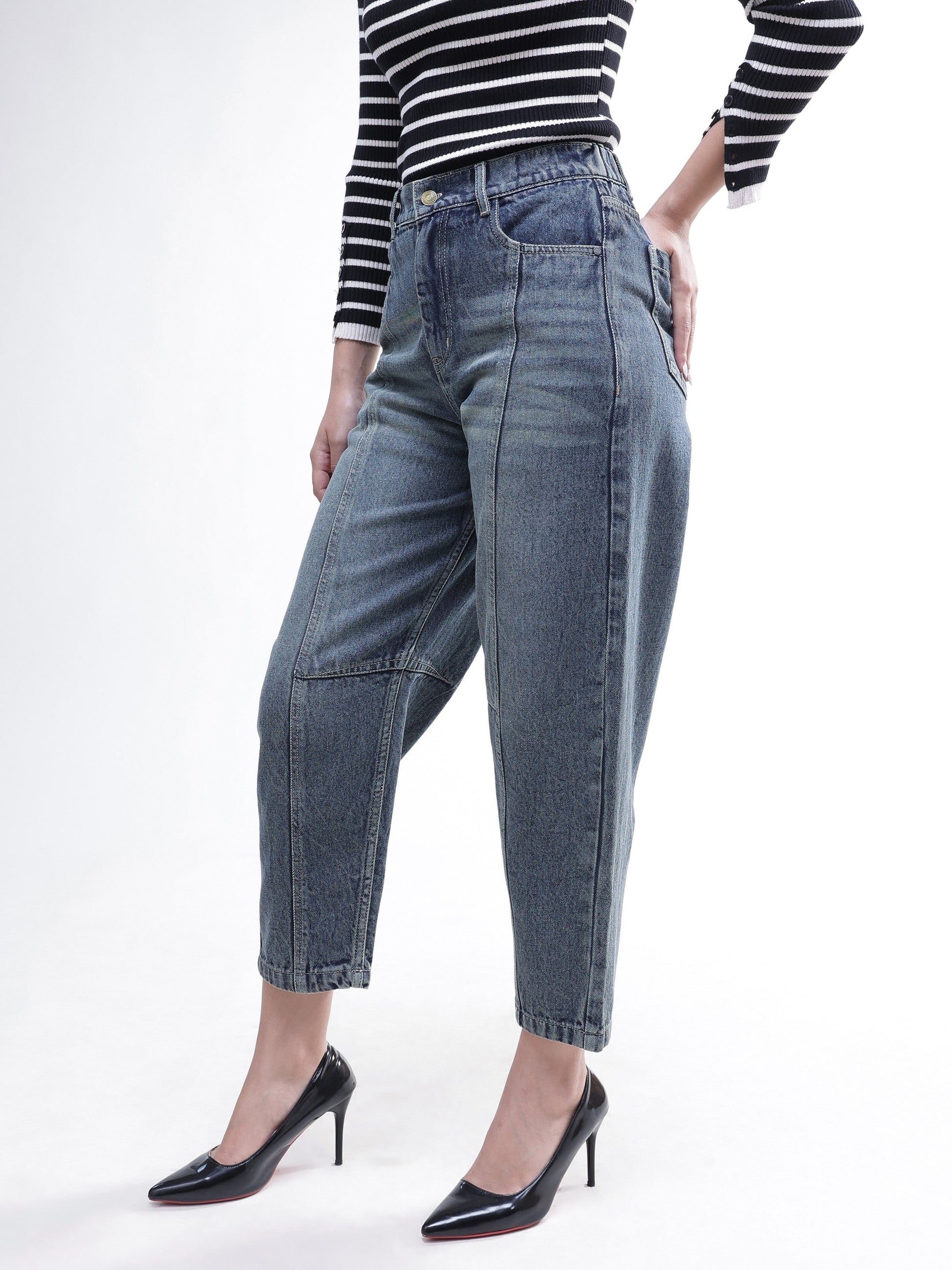 Blue Wash Whisker Front Seam Balloon Fit Jeans-SASSAFRAS BASICS