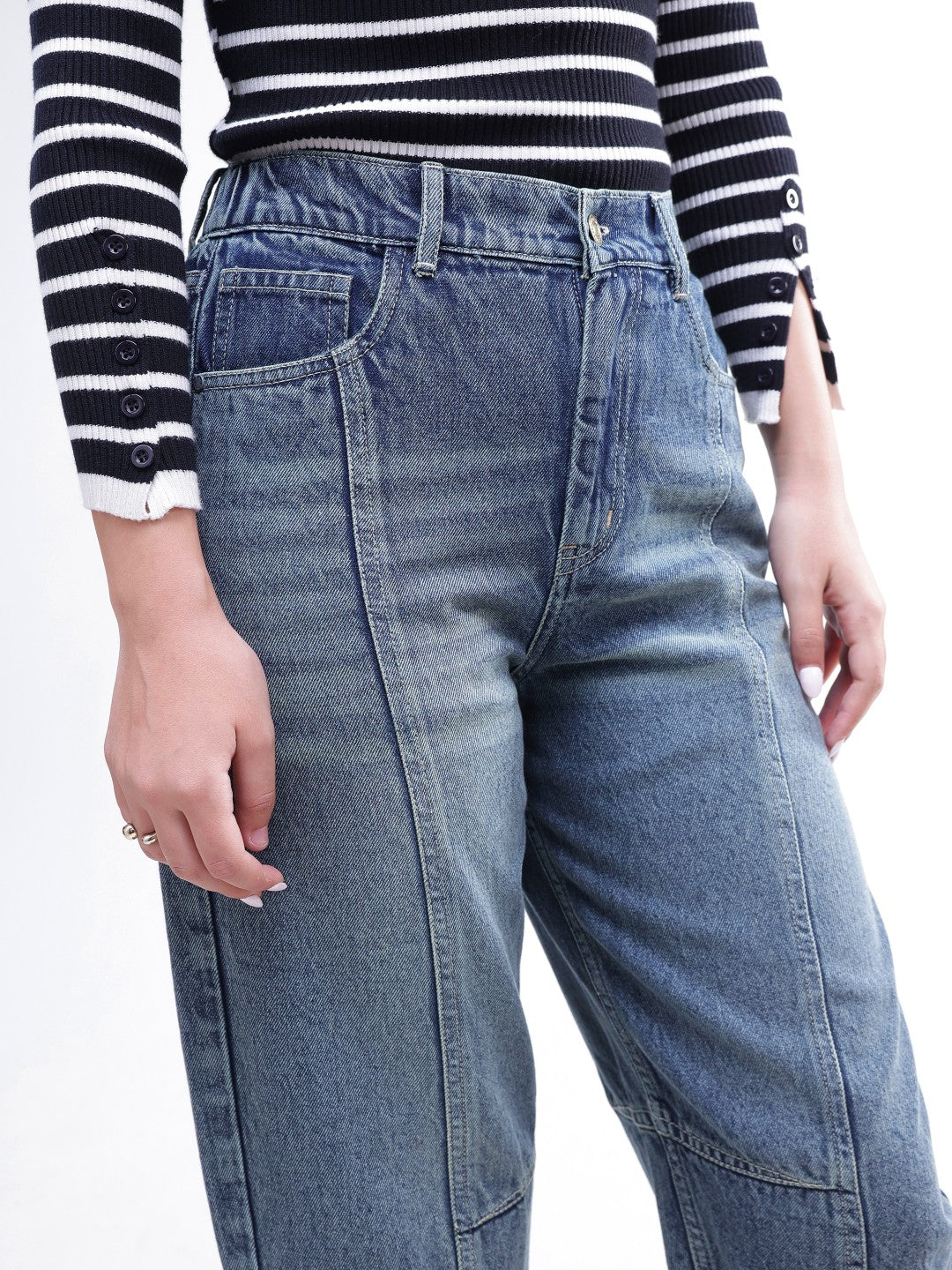Blue Wash Whisker Front Seam Balloon Fit Jeans-SASSAFRAS BASICS