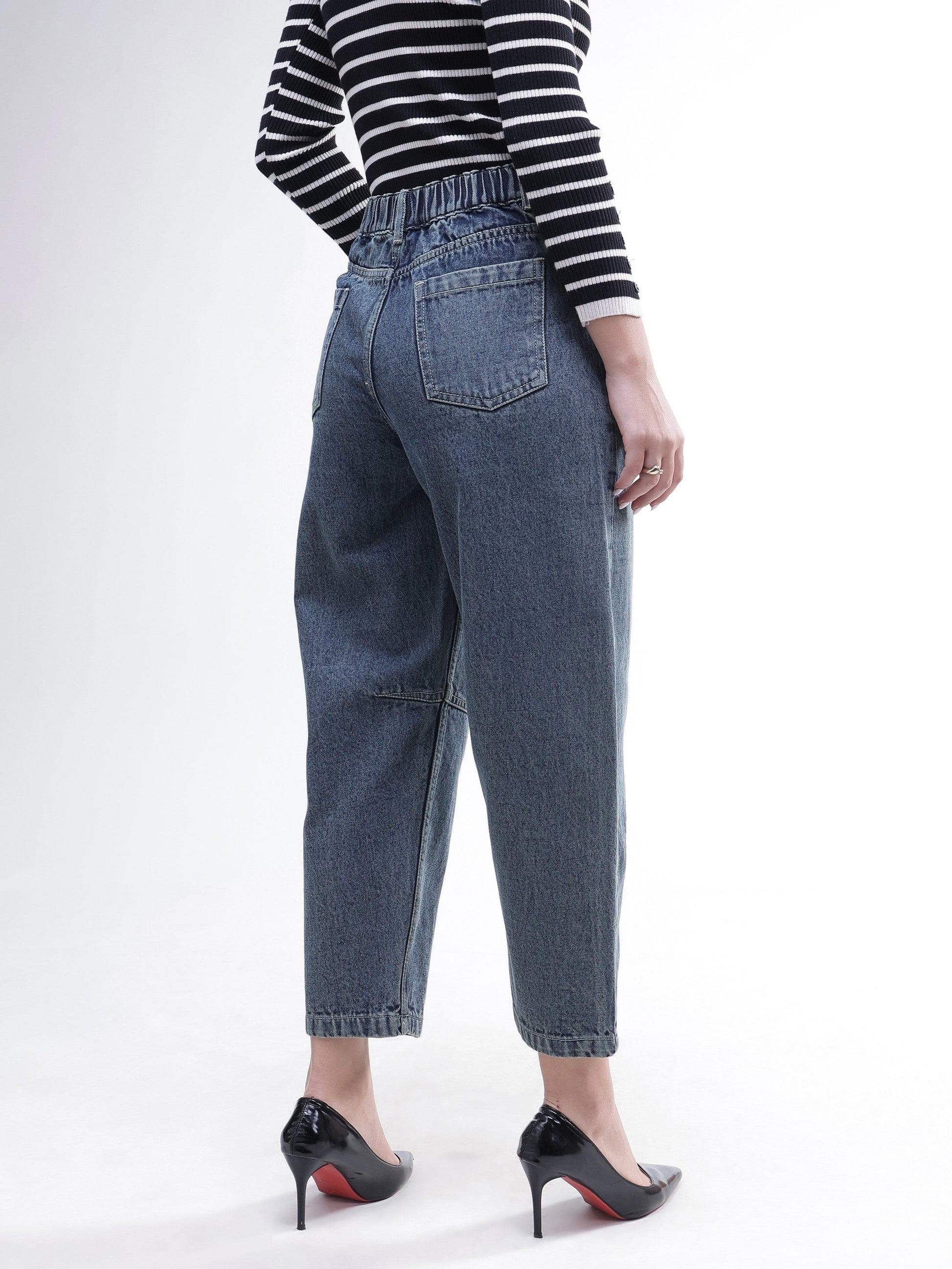 Blue Wash Whisker Front Seam Balloon Fit Jeans-SASSAFRAS BASICS