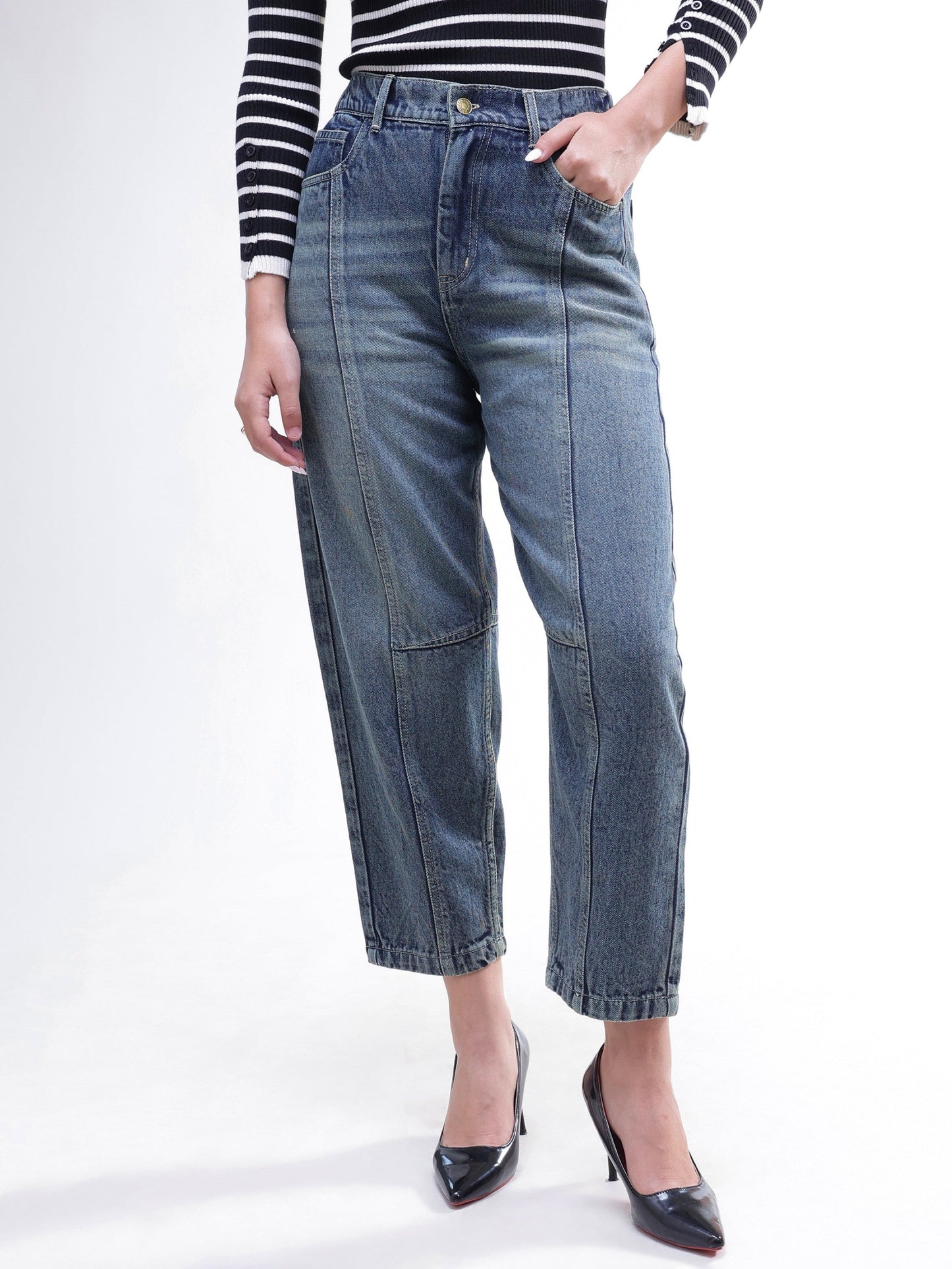 Blue Wash Whisker Front Seam Balloon Fit Jeans-SASSAFRAS BASICS