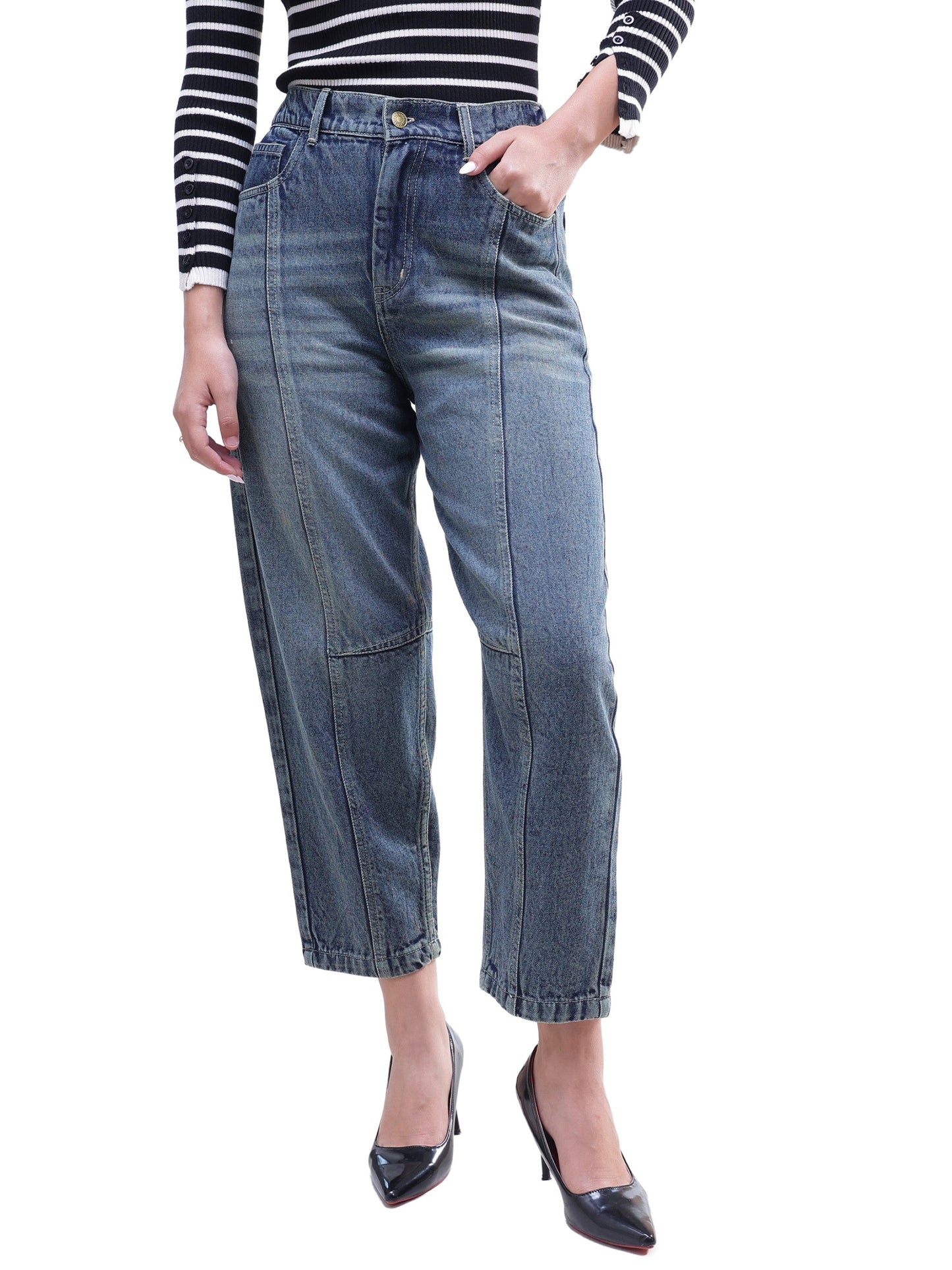Blue Wash Whisker Front Seam Balloon Fit Jeans-SASSAFRAS BASICS