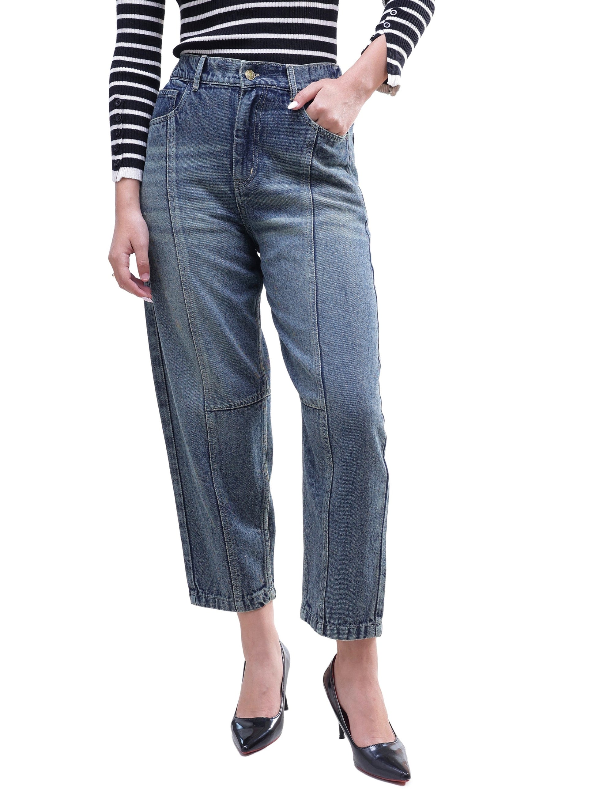 Blue Wash Whisker Front Seam Balloon Fit Jeans-SASSAFRAS BASICS