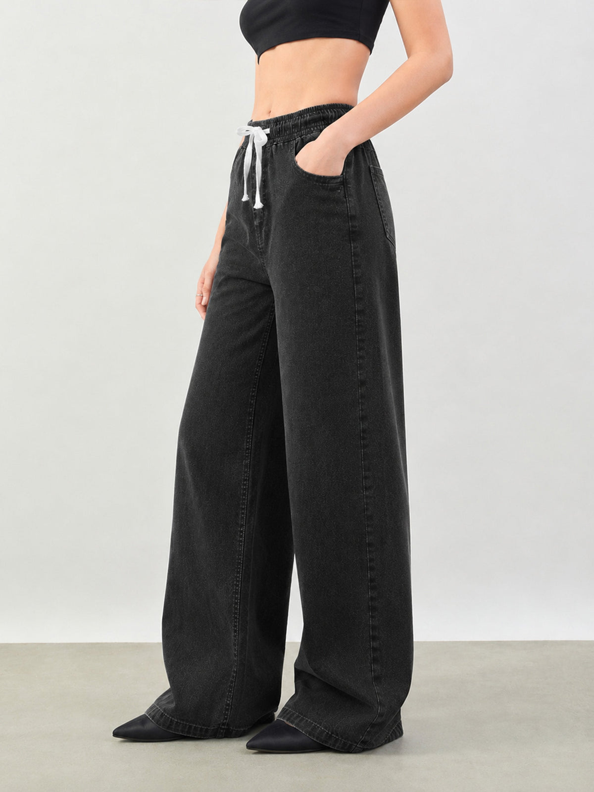 Black Baggy Drawstring Jeans-SASSAFRAS BASICS