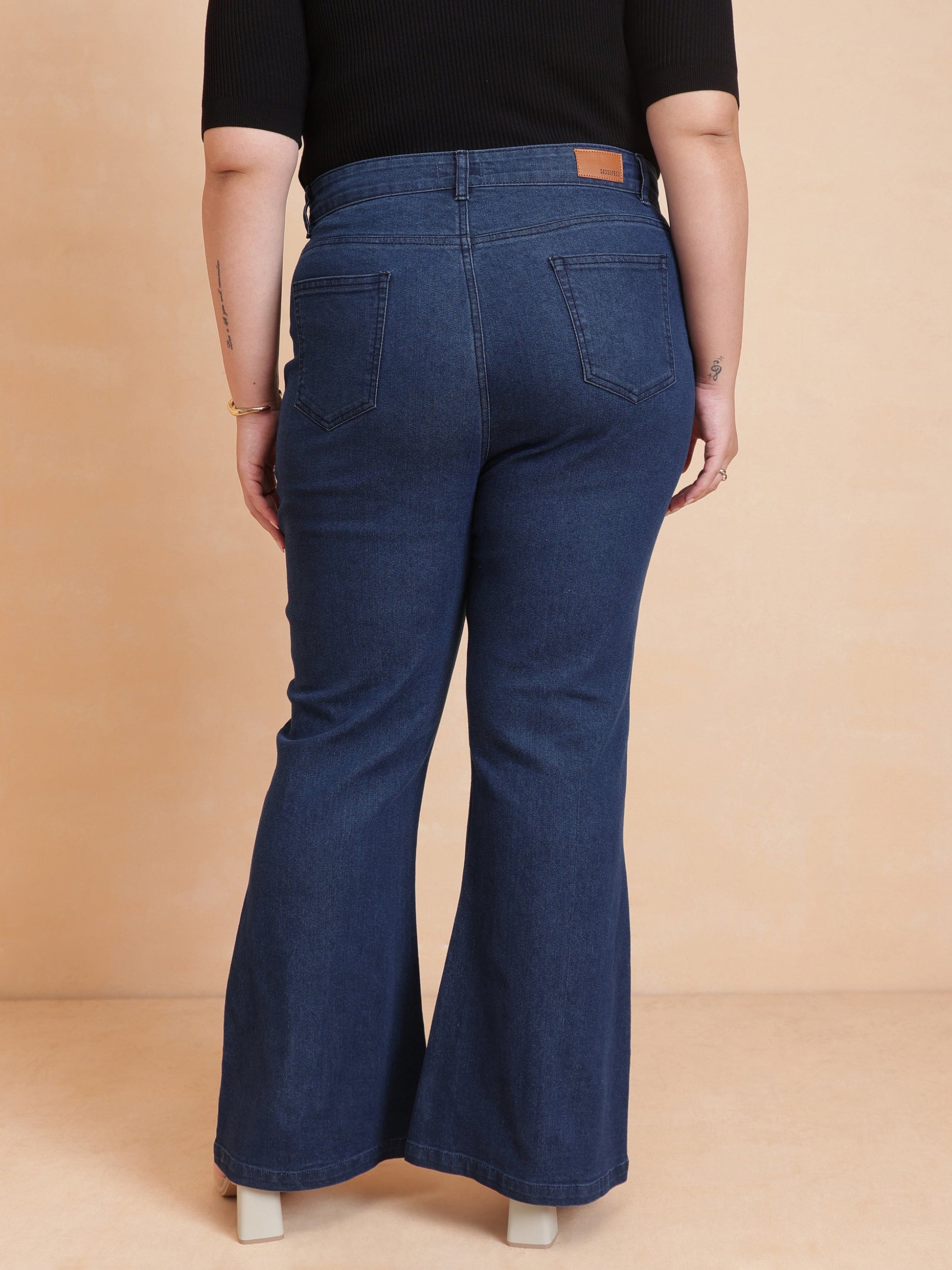 Navy Denim Bell Bottom Jeans-SASSAFRAS Curve
