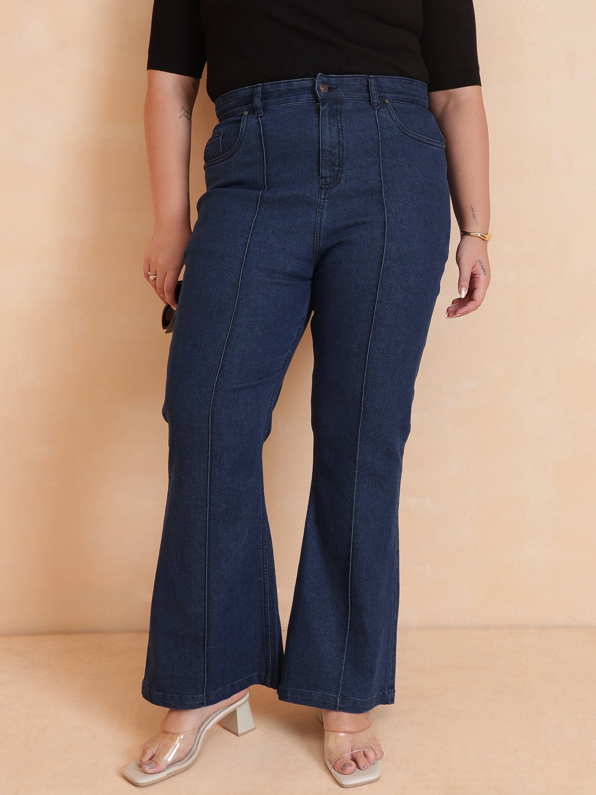 Navy Denim Bell Bottom Jeans-SASSAFRAS Curve