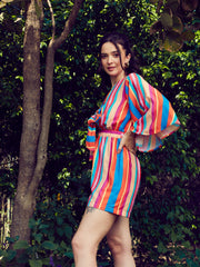 Women Multi Stripe Front Tie Knot Playsuit