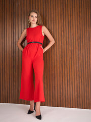 Women Red Belted Jumpsuit