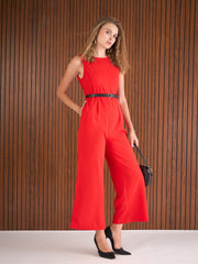 Women Red Belted Jumpsuit