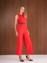 Women Red Belted Jumpsuit