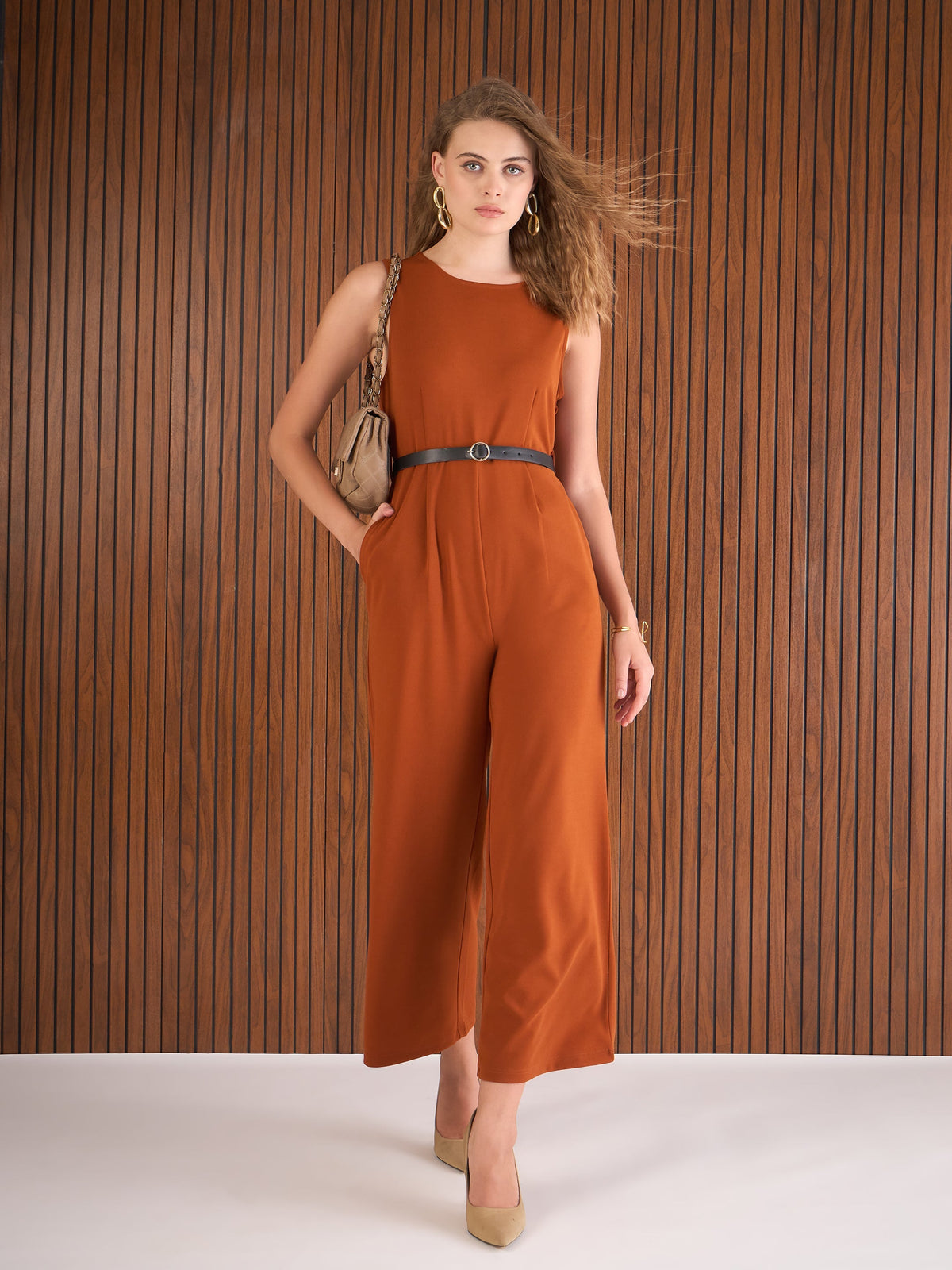 Women Rust Belted Jumpsuit