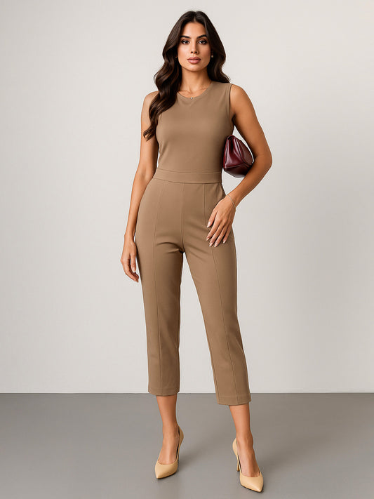 Women Dark Beige Sleeveless Round Neck Jumpsuit