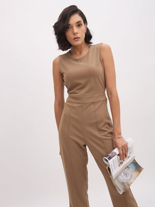 Women Dark Beige Sleeveless Round Neck Jumpsuit