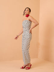 White & Black Small Polka Dot Off Shoulder Jumpsuit Pink Paprika By SASSAFRAS