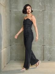 Black Denim Wash Off Shoulder Jumpsuit SASSAFRAS