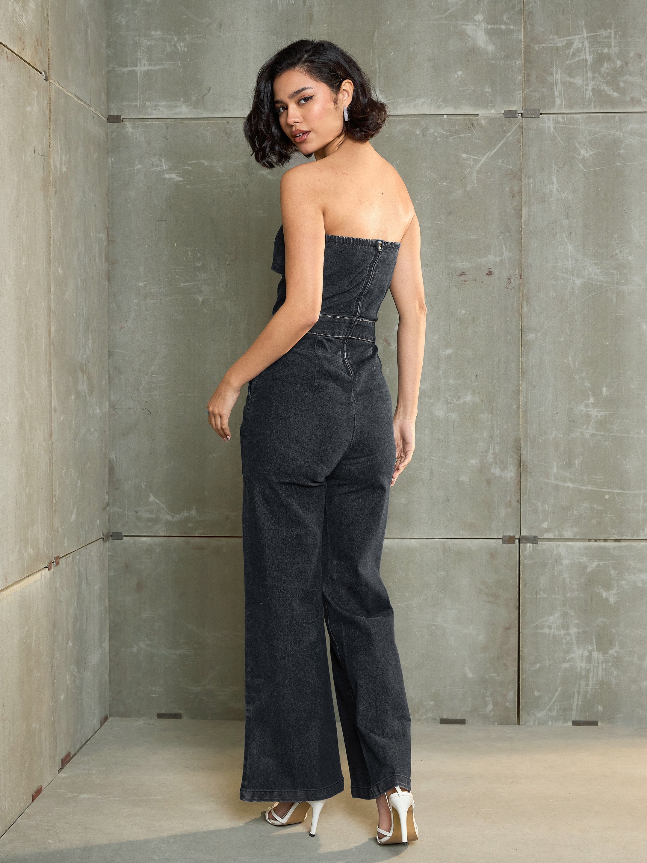 Black Denim Wash Off Shoulder Jumpsuit SASSAFRAS