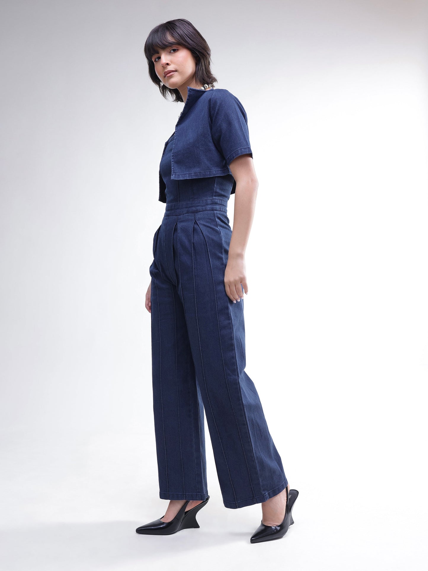 Navy Denim Jumpsuit With Crop Jacket-SASSAFRAS