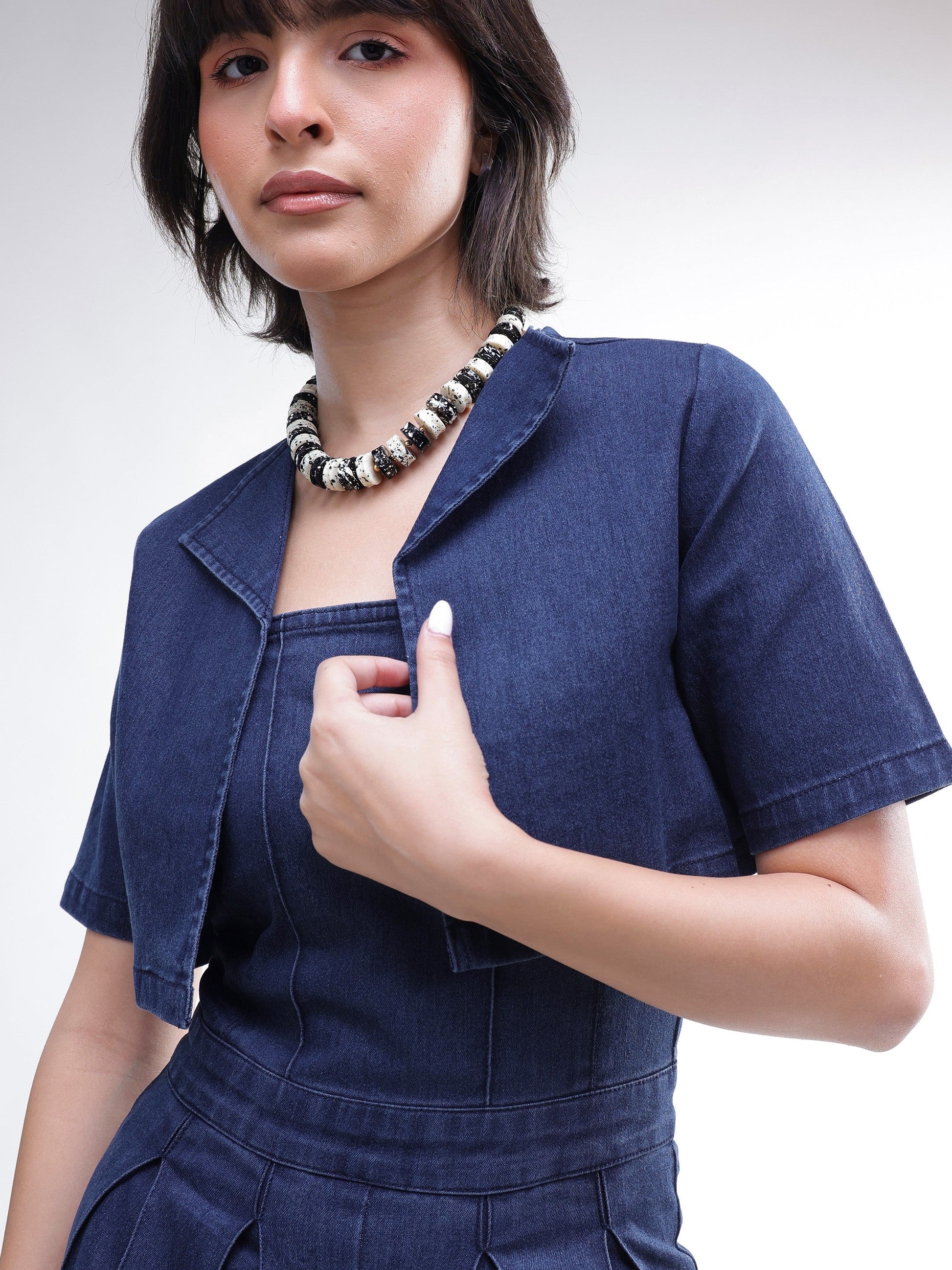 Navy Denim Jumpsuit With Crop Jacket-SASSAFRAS