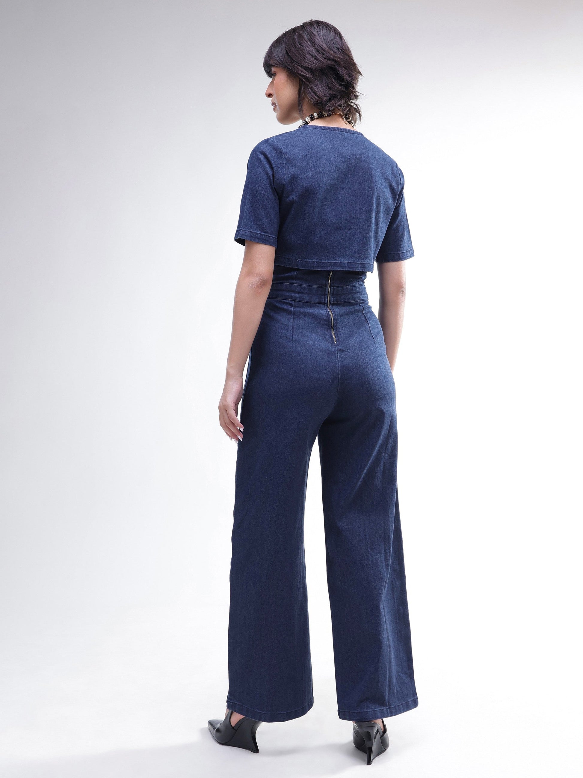 Navy Denim Jumpsuit With Crop Jacket-SASSAFRAS