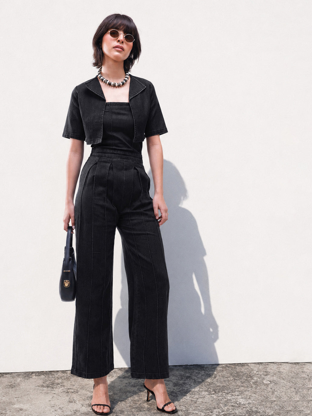 Black Denim Jumpsuit With Crop Jacket-SASSAFRAS
