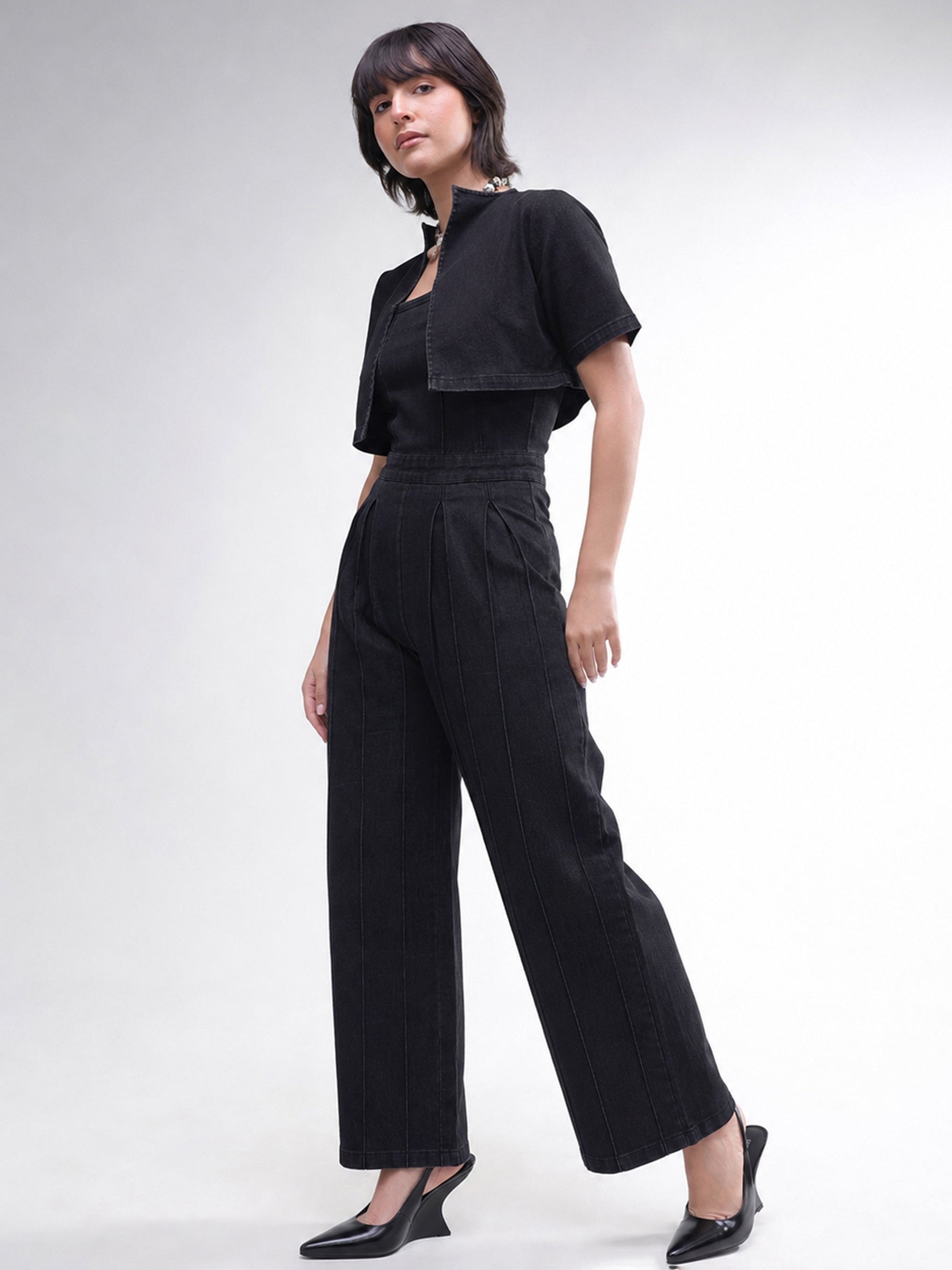 Black Denim Jumpsuit With Crop Jacket-SASSAFRAS