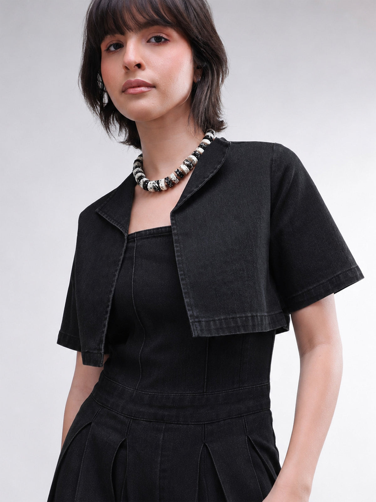 Black Denim Jumpsuit With Crop Jacket-SASSAFRAS