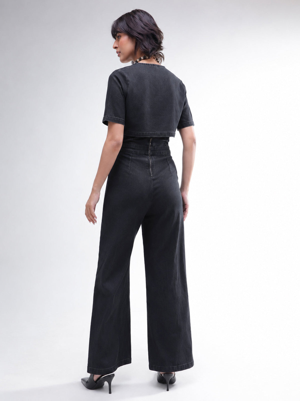 Black Denim Jumpsuit With Crop Jacket-SASSAFRAS