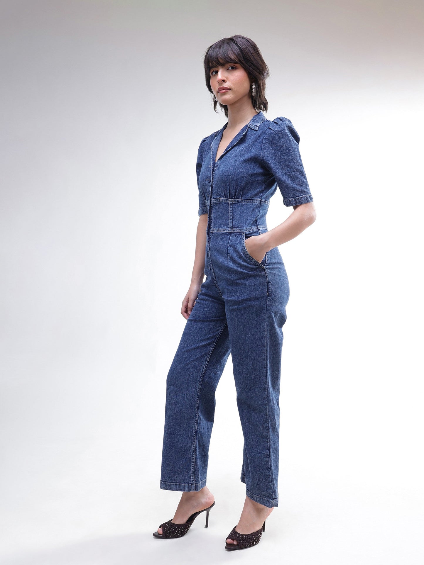 Blue Washed Denim Button Down Jumpsuit-SASSAFRAS