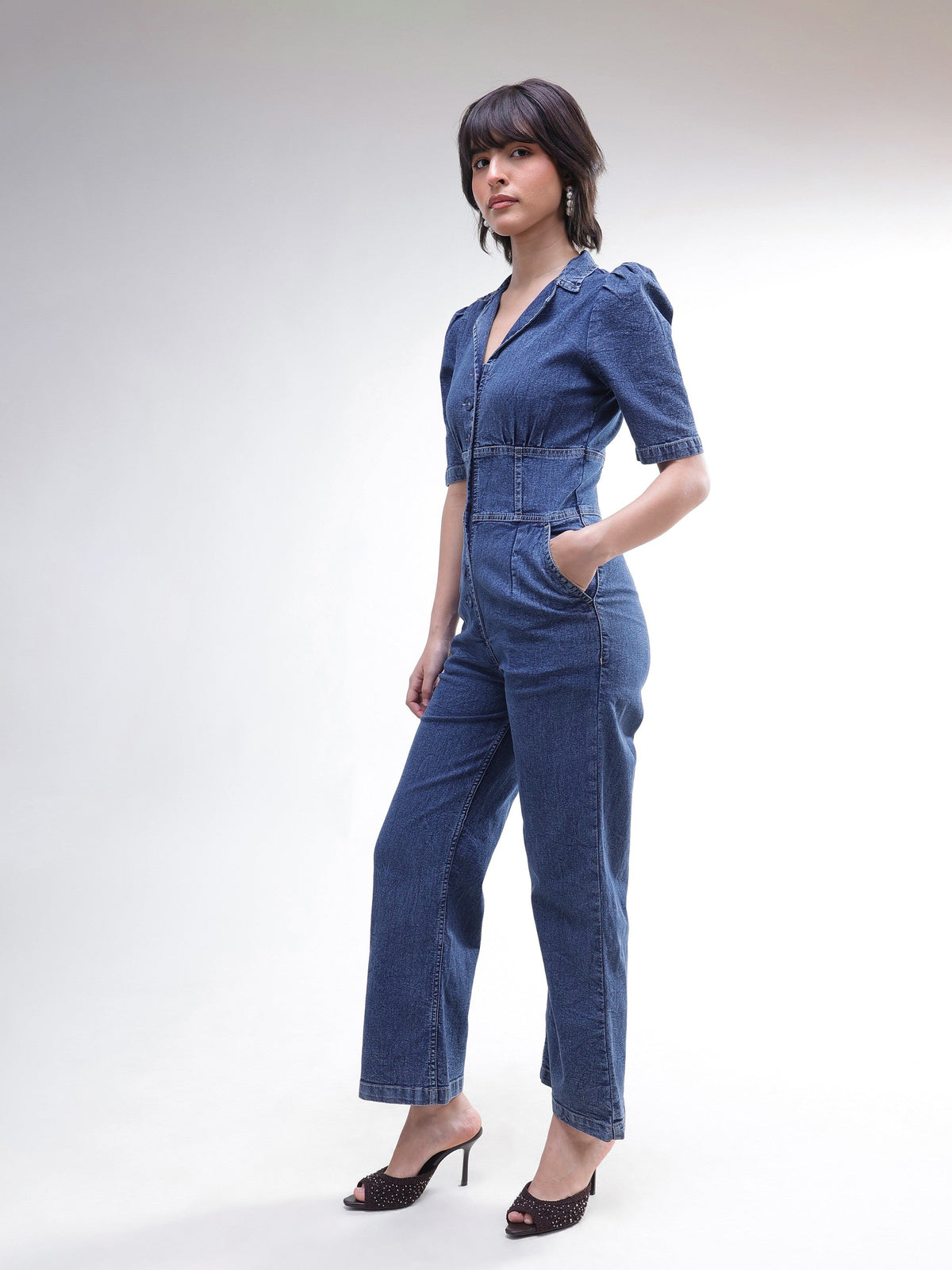 Blue Washed Denim Button Down Jumpsuit-SASSAFRAS